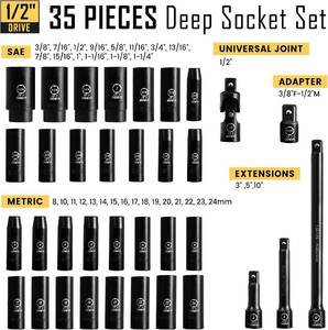 lot 2 image: BOEN 35-Piece 12 Drive Deep Impact Socket Set - SAE 38-1-14 & Metric 8-24mm