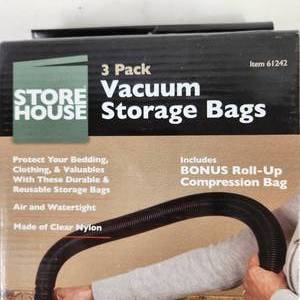 lot 51 image: Lot Of Two 3 Pack Store House Vacuum Storage Bags Plus One Bonus Roll-Up Compression Bag