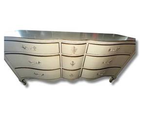 Vintage French Provincial National Bedroom Set with Queen Headboard, Five Drawer Upright Dresser, Night Stand, Chair, and Nine Drawer Dresser with Mirror. Purchased in 1962 at Daytons