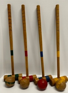 lot 46 image: Antique WOOD Croquet Set w Striped Wooden BALLS Set of 4