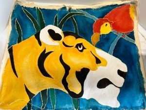lot 64 image: Vintage Original Acrylic Painting on Canvas - Tiger and Parrot Scene by K. NASH