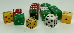 lot 87 image: Fun DICE to Play many Different Games Bakelite, Lucite, Multiple Colors