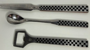 lot 88 image: Vintage 1960s YAX Stainless Steel JAPAN Trio Bar Serving Set Checkerboard Design Walnut Backs