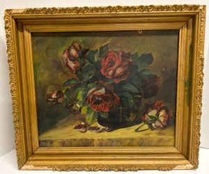 lot 15 image: Antique Victorian Original Still Life ROSES in Vase Oil Painting on Board Ornate Gold Frame