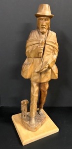lot 74 image: Vintage Wood Carved Figurine With DOG Wandering Man Huge 20 tall