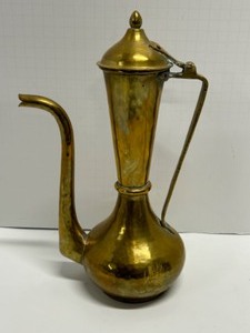 lot 35 image: Antique Middle Eastern Asian TEAPOT Ewer Pitcher tall BRASS Hammered Makers Mark