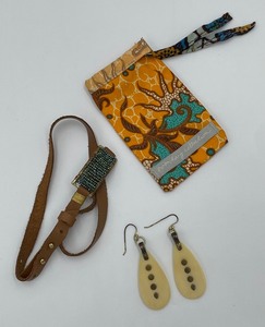 lot 168 image: Noonday Collection Jewelry Leather Wrap Bracelet with Green Beads - Ivory & Gold Colored Earrings