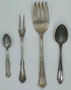 lot 177 image: Flatware Foursome - small and large 1 meat fork, 1 pickle fork, 1 sugar spoon, 1 demitasse spoon