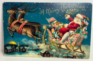 lot 27 image: Victorian Christmas Print MOONLIGHT & ROSES by Marta Peters Wood Sign Home Decor SANTA in His Sleigh
