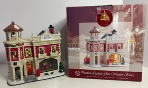 lot 30 image: Christmas Village House Lemax ENCHANTED FOREST Lighted Glass Window FIRE STATION
