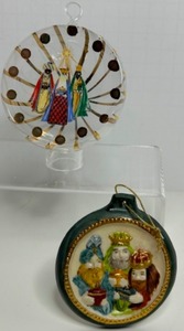 lot 112 image: We Three Kings Three Wisemen from the Nativity on a Handblown Glass & Ceramic Christmas Ornaments