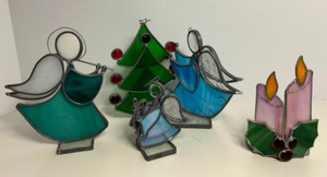lot 116 image: Vintage STAINED GLASS Christmas Figures including Angel Decorating Tree- Qty 4