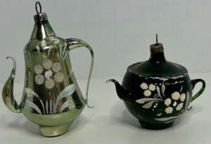 lot 117 image: Antique Vintage MERCURY GLASS Tall & Short Teapots Feather Tree Christmas Ornaments - Qty 2