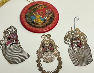 lot 127 image: Vintage Russian TIANEX Porcelain Fairytale Ornament & Laser Cut Brass SAMARI Trio Christmas Ornaments