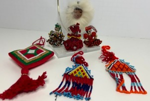lot 128 image: Vintage Fur & Beaded Eskimo, Mexican & American Indian Ethnic Christmas Ornaments - Qty 7
