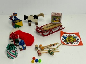lot 129 image: Vintage Miniature Christmas Diorama Toys, Presents, Sled & Stocking Doll House Size