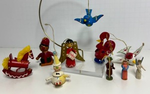 lot 123 image: Vintage FOLK ART Hand Painted Wooden Christmas Ornament Figures - Qty 6
