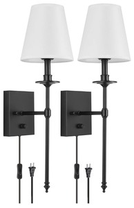 lot 155 image: Two NEW unboxed Black Wall SCONCES with White Shades - Hard Wired OR Wall Outlet