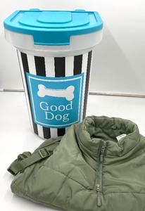 lot 189 image: DOG ITEMS - Large Dog Food Container & Sage Green Puffer Jacket