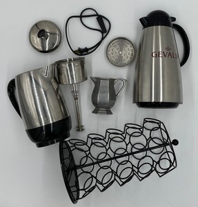 lot 196 image: The Coffee is ON  Coffee Supplies Carafe - Percolator - Pod Holder - Creamer