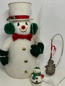 lot 146 image: Vtg SNOWMAN Trio of Christmas Decorations Including A Tall Fleece Figure and Reed & Barton Silver Plated Ornament