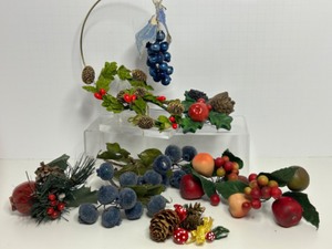 lot 149 image: Vintage Lot of CHRISTMAS FOLIAGE Including Sugared Fruit, Mercury Glass Grapes, Spun Cotton Mushrooms & More