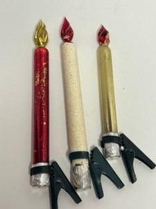 lot 219 image: Antique Mercury Glass CHRISTMAS ORNAMENTS Clip On CANDLES With Flames - Qty 3