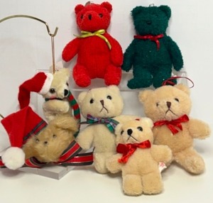 lot 220 image: Vintage TEDDY BEAR Lovers Christmas Ornament Lot, Mohair, Mini Beanie Babies, Various Bears - Qty 7