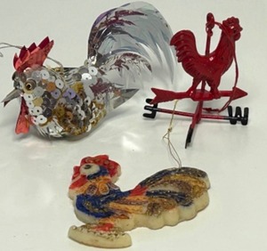 lot 223 image: Chickens Vintage Chicken Christmas Ornaments Molded Wax, Cast Metal & Sequins