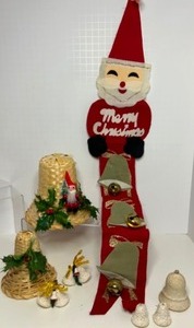lot 224 image: Vintage BELL Collection With Santa Topped Banner, Wicker Decorative Bells, Spun Cotton Bells w Mushrooms including Germany & More