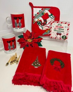 lot 227 image: Vintage Christmas Linens and Decorations Including Embroidered Hand Towels, Pot Holder, Mikasa Mugs & More