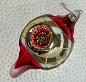lot 232 image: Vintage XL Handblown and Painted Teardrop Glass Ornament - Indent Starburst Center Original Box