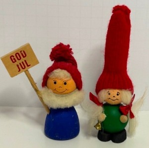 lot 237 image: Vintage Scandinavian Wooden Folk Art Elf Tomte Figures - Hand Made in Sweden - Qty 2