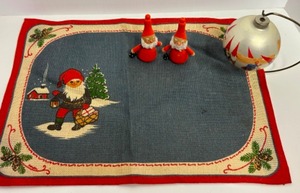 lot 240 image: Everything SCANDINAVIAN Tomte Burlap Centerpiece, Wooden Tomtes Carrying Lamps & a Gnome Christmas Ornament