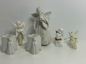 lot 243 image: Vintage Porcelain White ANGELS Including A Schmid Musical Angel, Candles & Ornaments - Qty 6