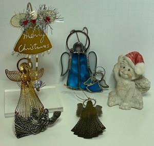 lot 247 image: ANGELS Christmas Ornament Lot Including Stained Glass, Cement, Brass, Pewter & Porcelain - Qty 7