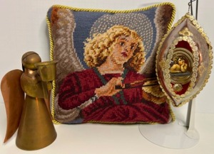 lot 252 image: ANGELS In All Forms Includes a Needlepoint Pillow, a Brass Candleholder & Diorama Ornament