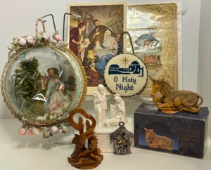 lot 253 image: O HOLY NIGHT Christmas Nativity Scenes in Diorama, Olive Wood, Porcelain, Paper & Pewter - Qty 8