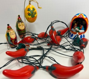 lot 258 image: CHRISTMAS In Mexico Including Jalapeo Pepper Lights, Egg Shaped Nativity, Folk Art Santa Trinket Ornaments & Ceramic Egg