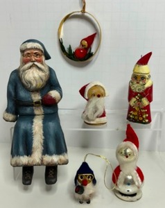 lot 261 image: Vintage SANTAS Including a Rare CRATE PROSPECTS Carved Sitting Santa by V Olson & Other Folk Art Crafted Figures - Qty 6