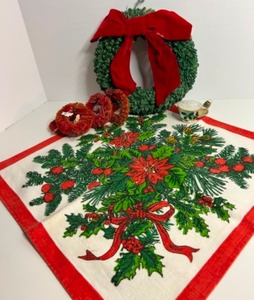 lot 265 image: Vintage CHRISTMAS WREATH Assortment Including Printed Linen Center Piece & Teacup Ornament