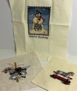 lot 266 image: Vintage CROSS STITCH Trio of Carousel Horses and a Snowman
