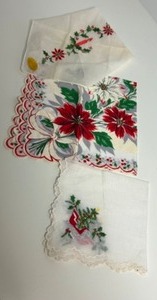 lot 267 image: Vintage Christmas Handkerchiefs - Linen Embroidered and Printed Switzerland - Qty 3