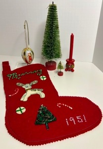 lot 272 image: Vintage MCM Christmas Items Felt Appliqud Rudolph Stocking, Victorian Glass Egg Ornament & More