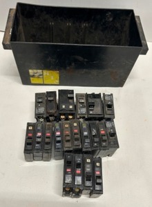 lot 281 image: Assortment of Electrical Bolt on Circuit Breakers & Carrying Bucket - Qty 20