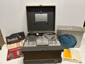 lot 287 image: Vintage The VOICE of MUSIC Tape-O-Matic Model 714 and 5 Reels in Metal Locking File Box