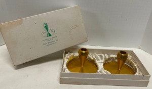 lot 309 image: Vintage MCM Atomic Space Aged Gold Pair of Candlesticks by Chase Enterprises w Original Box