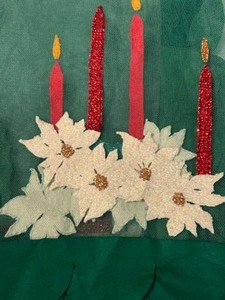 lot 297 image: Vintage CHRISTMAS Tule Felt Appliqud Candles TABLE CLOTH w Scalloped Edges