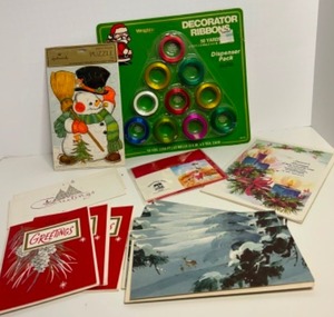lot 318 image: Vintage CHRISTMAS Paper Goods Including Hallmark Snowman Puzzle, Satin Ribbon Spools & Unused Various Christmas Cards