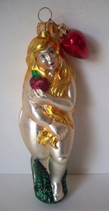 lot 215 image: Vintage Dept 56 - EVE with APPLE & Mini Heart from Garden of Eden Handblown Glass CHRISTMAS Ornament